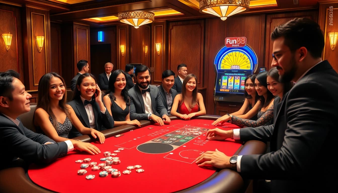 Engaging scene depicting players winning at nhà cái Fun88 poker table in a luxurious casino.