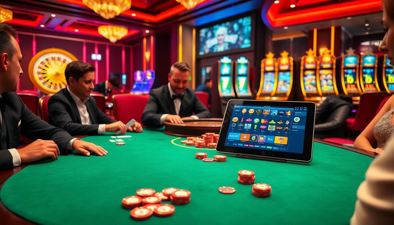 Vivez un gameplay excitant dans un casino en ligne luxueux avec des jetons de poker et des machines à sous vibrantes.