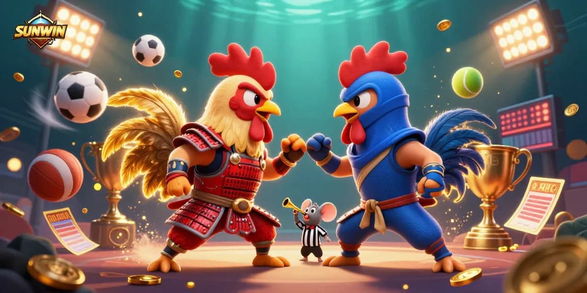 SUNWIN showcases a thrilling duel between samurai and ninja roosters in a vibrant casino atmosphere.