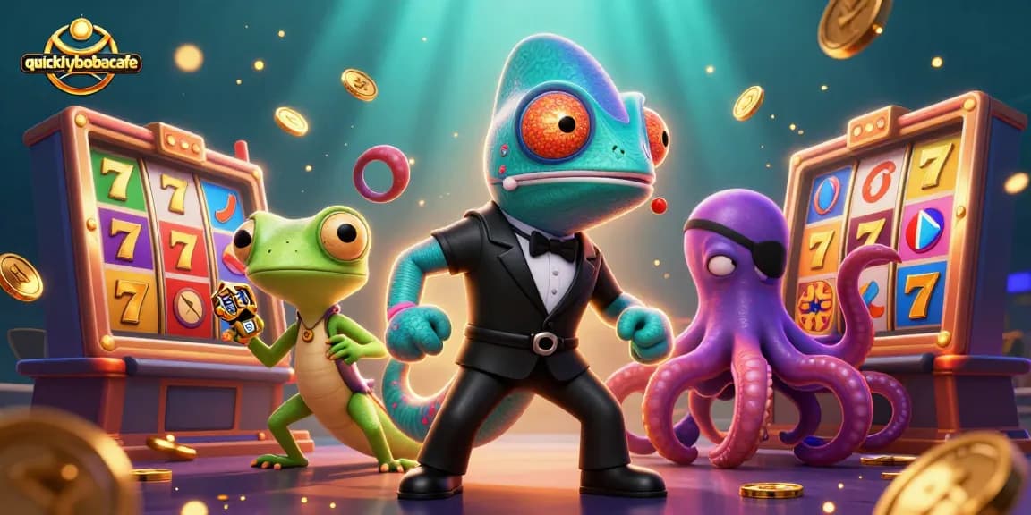 Engage with quicklybobacafe's vibrant slot machine experience featuring dynamic characters and golden reels.