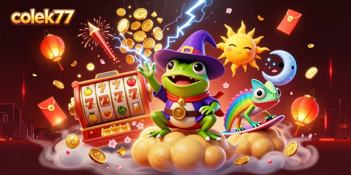 Experience the excitement of colek77 as a wizard frog conjures golden coins and slot symbols in a vibrant casino scene.