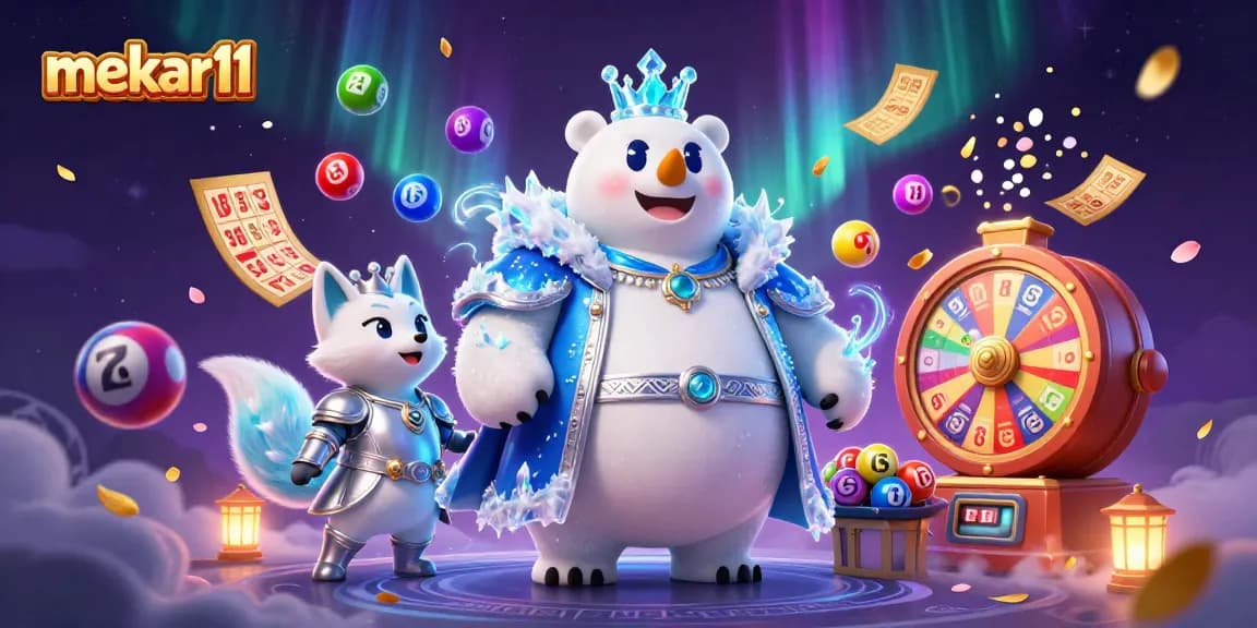 Mekar11 showcases themed lottery excitement with a polar bear and a snow fox amidst vibrant gameplay elements.