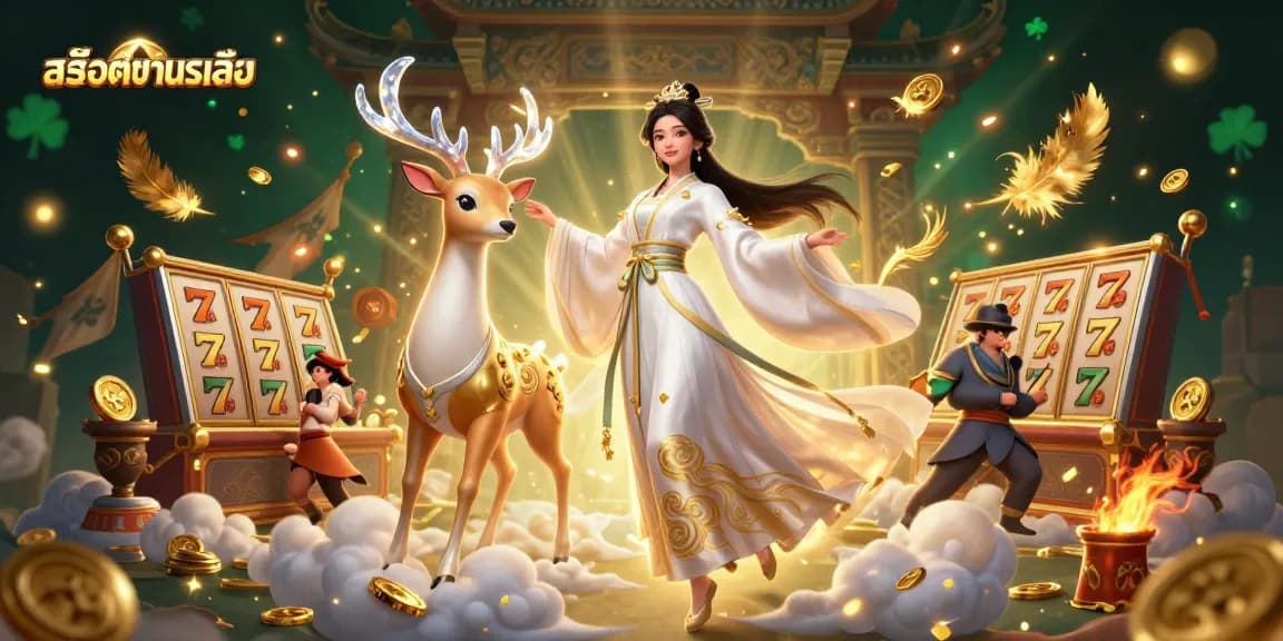 Experience exciting สล็อตทดลองเล่น in a dynamic 3D illustration showcasing slot reels and a celestial deer.
