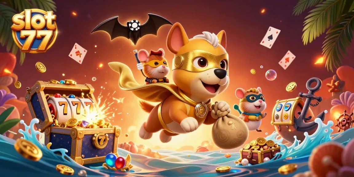 Experience thrilling wins with slot 77 as the superhero dog flies through a vibrant casino scene.