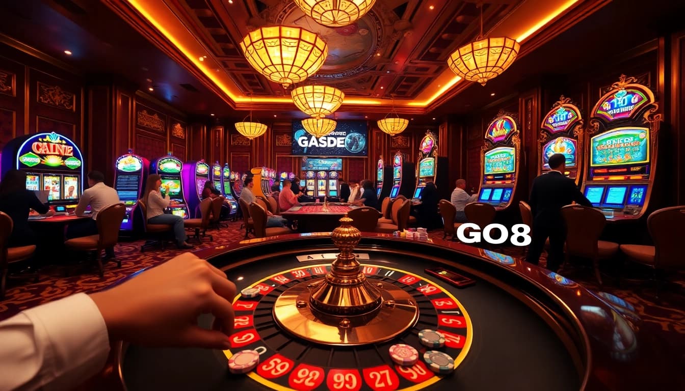 Players engaging in exciting games at GO8 casino with vibrant slot machines and roulette table.