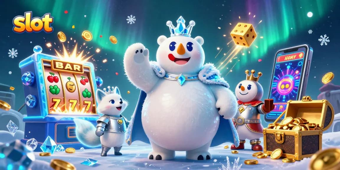 Spin the jackpot slot with a captivating scene featuring a polar bear and fox amidst casino excitement.