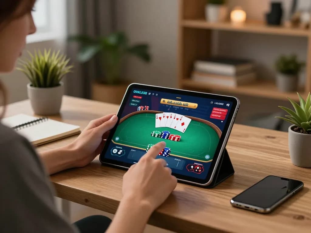 KJC user engaging in online casino gaming on tablet in cozy home setup, showcasing responsible gambling.