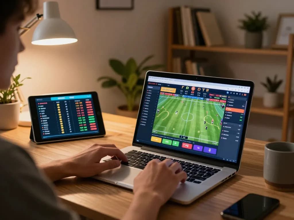 Engaging in sports betting at https://www.mnm88.com/ with real-time odds and analytics displayed on a laptop at home.