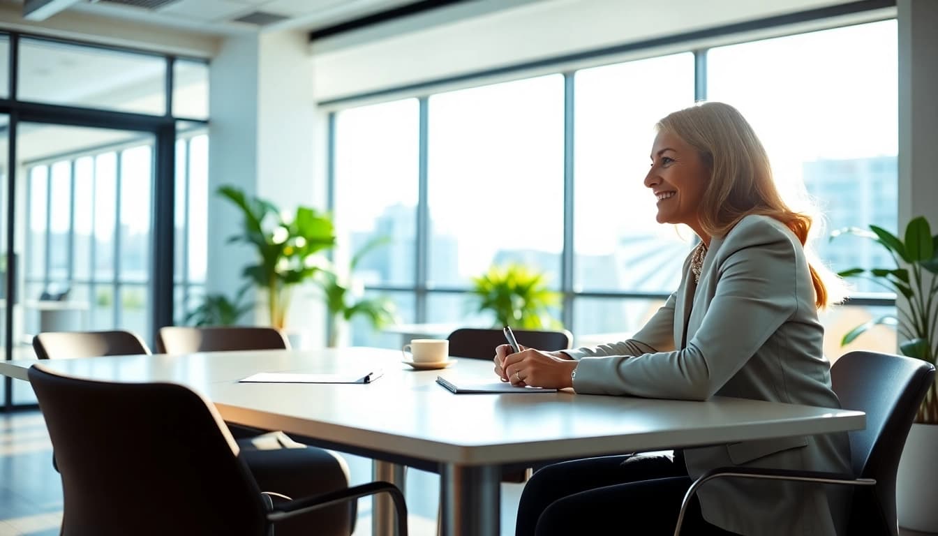 Career coaching session with a professional coach guiding a client in a modern office setting.