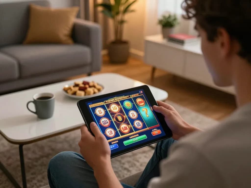 Player enjoying a slot game on their tablet at home, highlighting 888now com gaming experience.