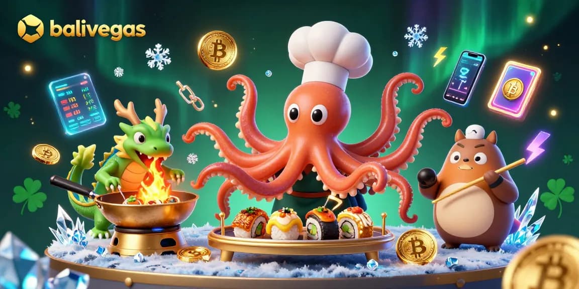 Menghadirkan keseruan bermain di balivegas dengan chef sushi gurita yang menyajikan slot reels dan simbol keberuntungan.