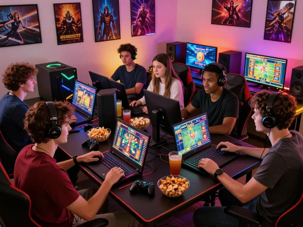 Exciting online gaming session with diverse players enjoying VEGASSLOT77 slot games in a vibrant atmosphere.