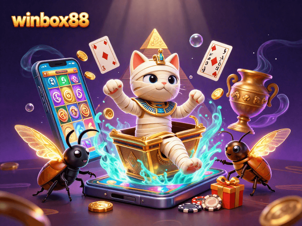 Experience exciting wins with winbox88 in this vibrant 3D casino scene featuring a mummy and scarab.