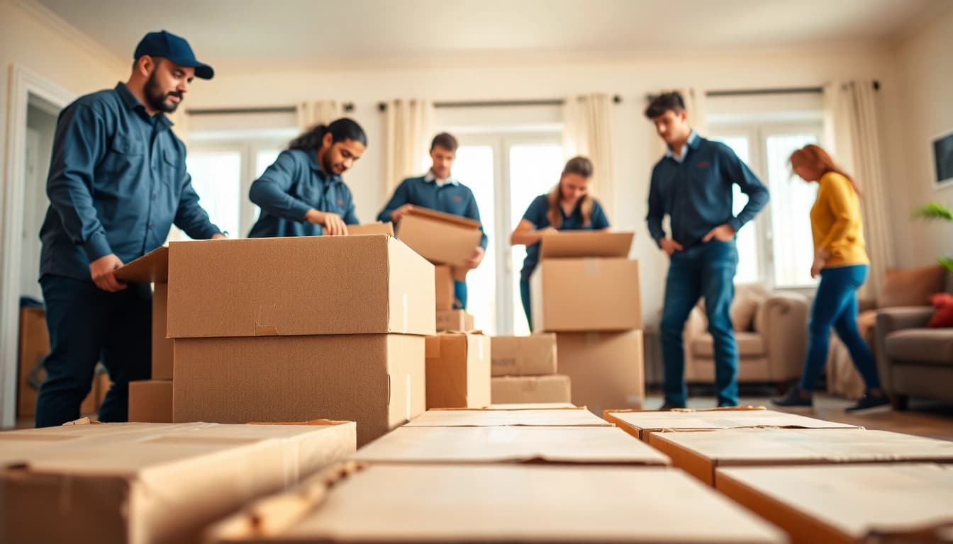 Efficient Toronto moving services team packing boxes in a bright home setting.