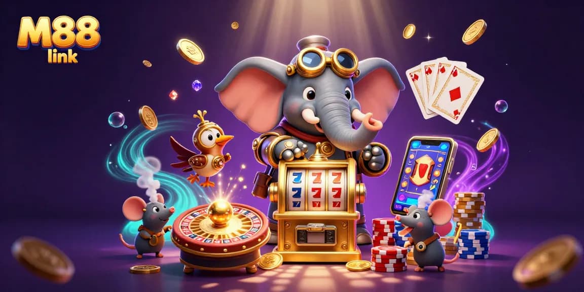 Cascading golden coins and colorful poker chips highlight M88 link in a dynamic 3D casino scene.