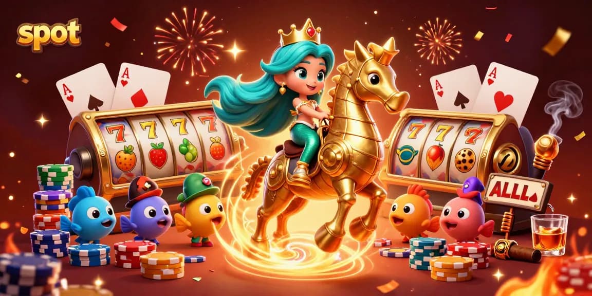 Slot dengan karakter putri duyung dan kuda laut mengelilingi elemen permainan kasino.
