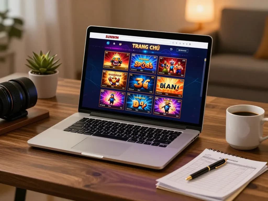 SUNWIN TRANG CHỦ online casino interface displayed on laptop, featuring vibrant games and responsible gaming setup.
