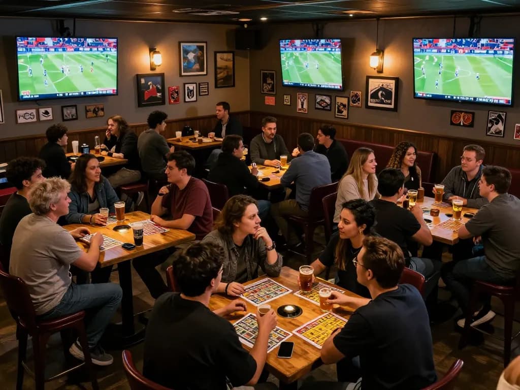 Sports fans engaging in betting strategies at a bar during live games, showcasing https://vikubet.com/ unique betting atmosphere.