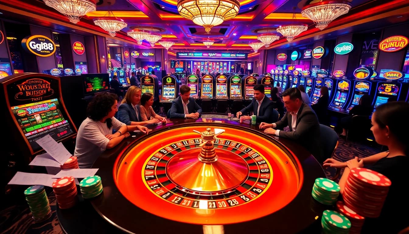 Exciting gambling scene at gg88 featuring poker chips and a roulette wheel.