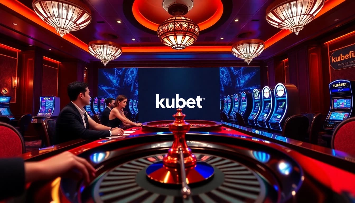 Engaging scene of kubet players at a roulette table in a vibrant casino atmosphere.