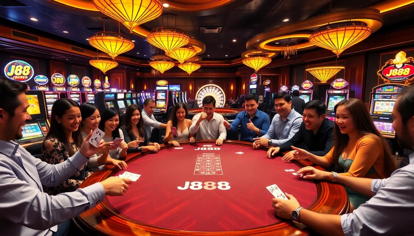 Experience the thrill of j88 gaming at a luxurious casino table with excited players.