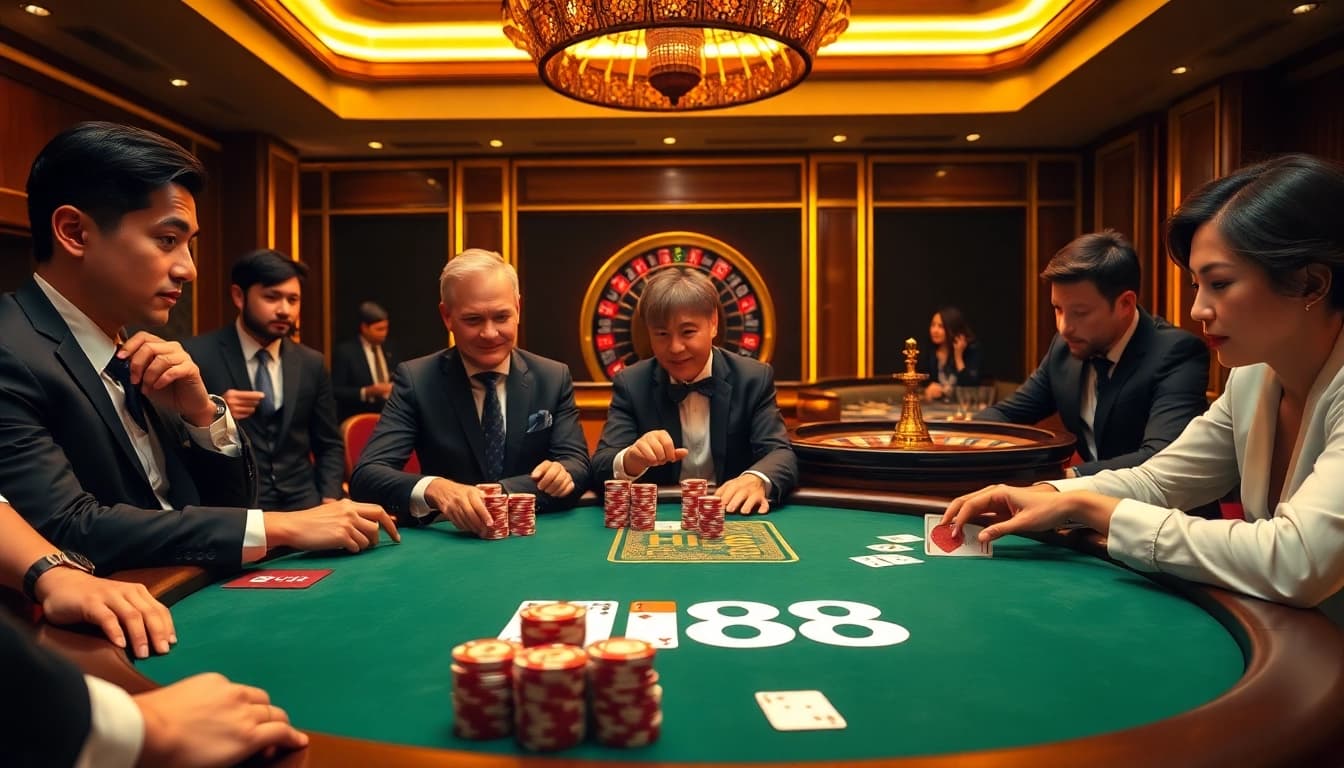 Engage with the exciting Hi88 casino experience while playing poker and roulette under warm lighting.