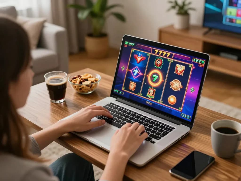 Engaging online gaming setup showcasing a player experiencing slot777 games on their laptop in a cozy atmosphere