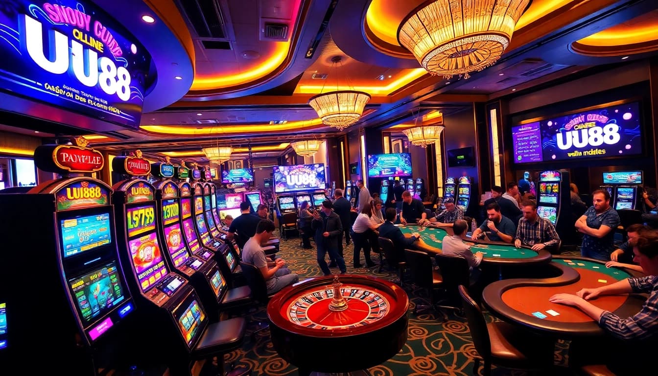 Join players at a luxurious casino scene highlighting UU88's exciting gaming options.