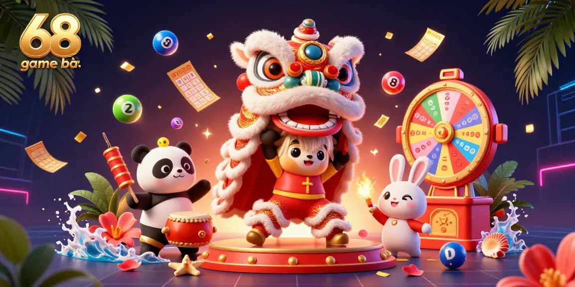 Engage in vibrant 68 game bài celebrations with a lion dance and colorful elements in a dynamic casino scene.