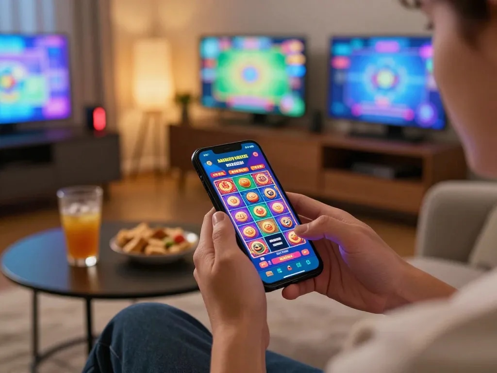 Experience the excitement of alexis77 mobile gaming on a sleek smartphone in a cozy setting