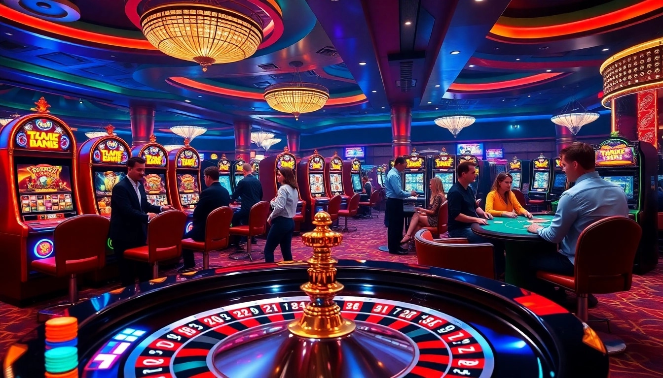 Engage with onicplay through a captivating casino scene featuring vibrant roulette tables and exciting poker games.