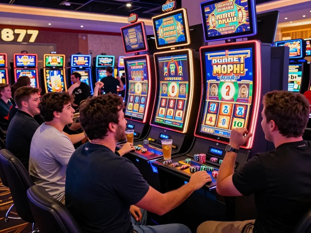 Exciting casino gaming scene celebrating winnings at vegasslot77.com with friends enjoying bright slot machines.