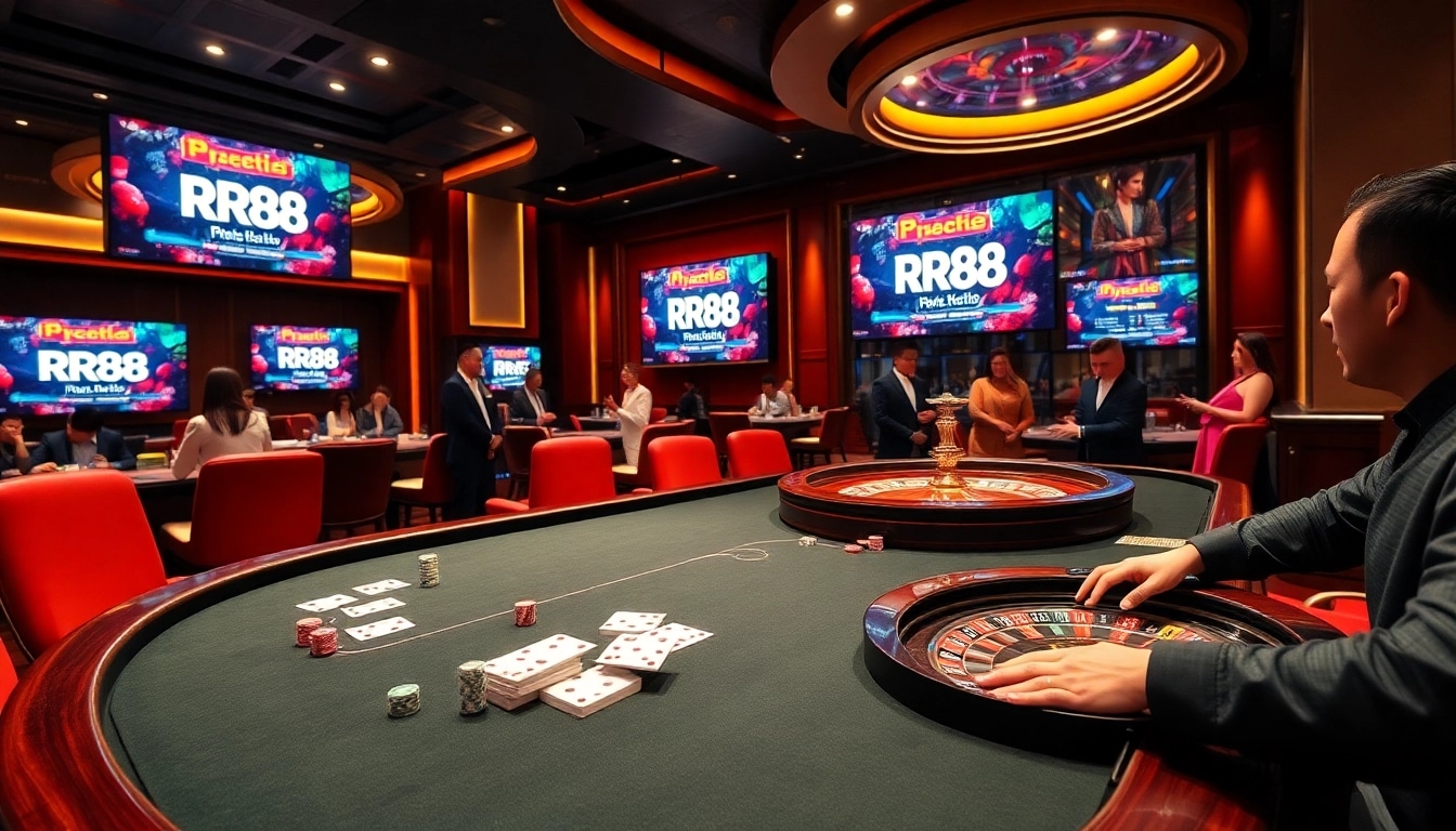 Players enjoy a thrilling game of poker at an RR88 casino table.