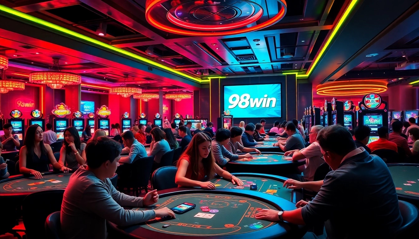 Players enjoying thrilling games at 98win casino, capturing the excitement and vibrant atmosphere of online gambling.