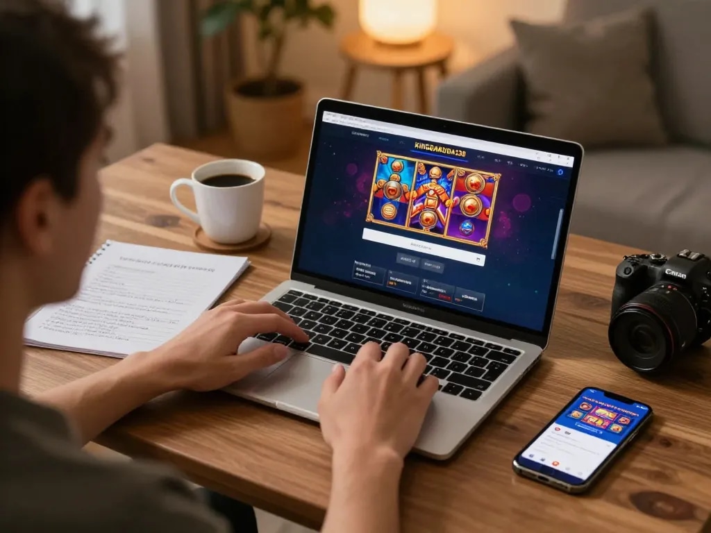 Engaging player accessing kinggaruda138 slot games on laptop, showcasing online gaming excitement