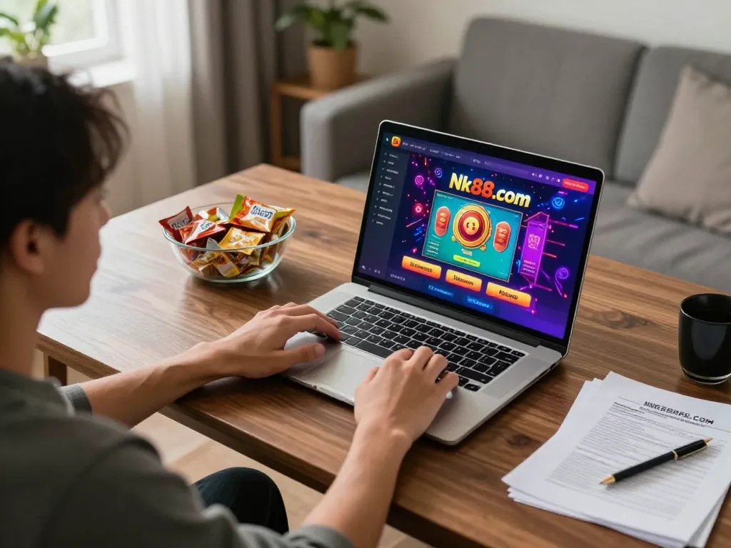 Engaged player exploring gaming options on Nk88.com through sleek laptop interface.