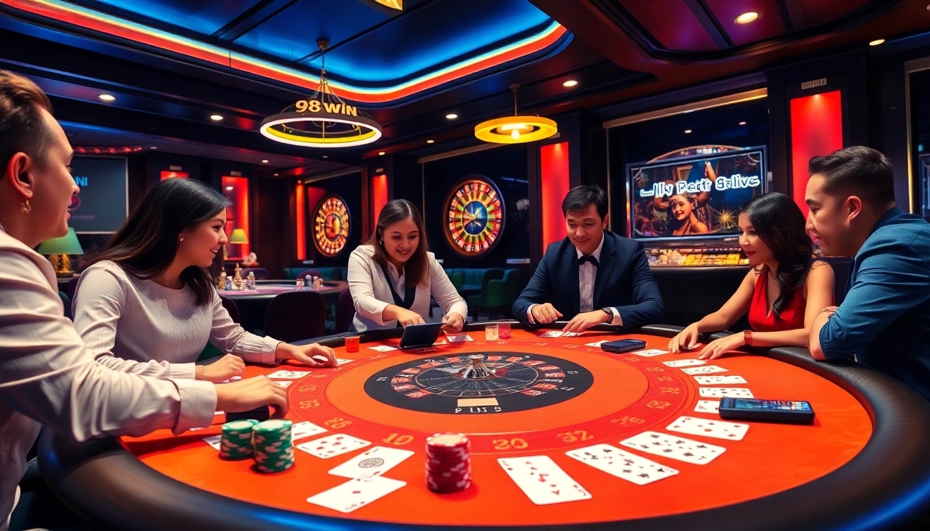 Casino excitement at 98win with players engaging in Blackjack and Poker action.