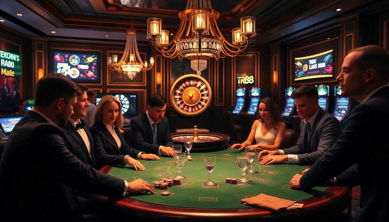 Engaged players enjoying a thrilling blackjack game at tr88 casino, highlighting excitement and elegance.
