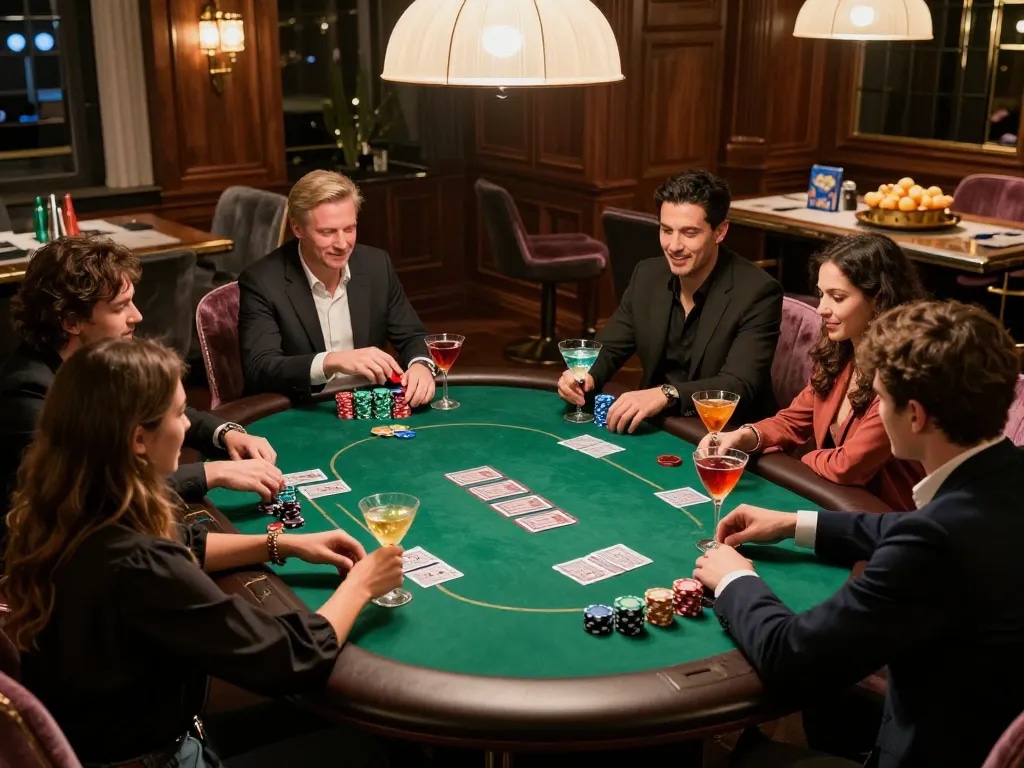 Pemain Bintangmpo menikmati malam permainan poker yang ramai dengan minuman dan chip di meja yang elegan.