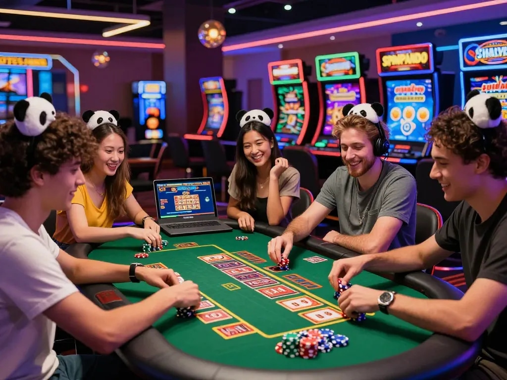 Engaged players at SpinPanda Casino enjoying a lively gaming experience with vibrant atmosphere and interactive games.