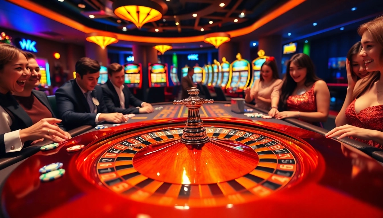 Experience the excitement of kg88 at a luxurious casino roulette table with vibrant colors and eager players.
