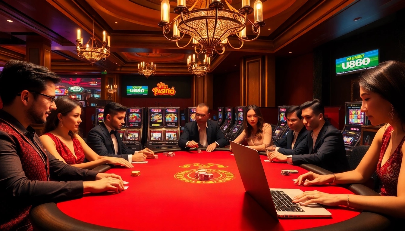 Vibrant poker game scene at U888, showcasing players and chips in a luxurious casino setting.