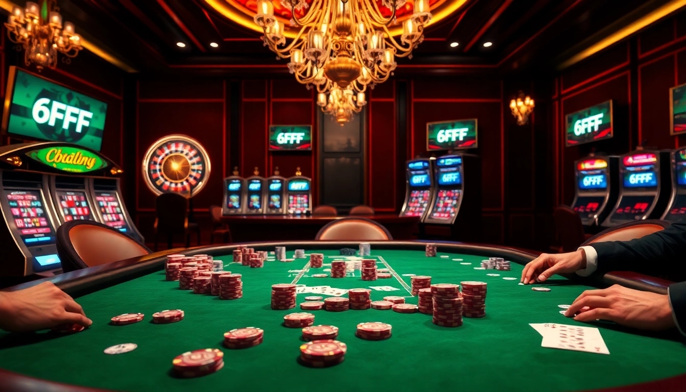 Energetic casino players immersed in a game of cards at 6FF, showcasing vibrant chips and roulette.