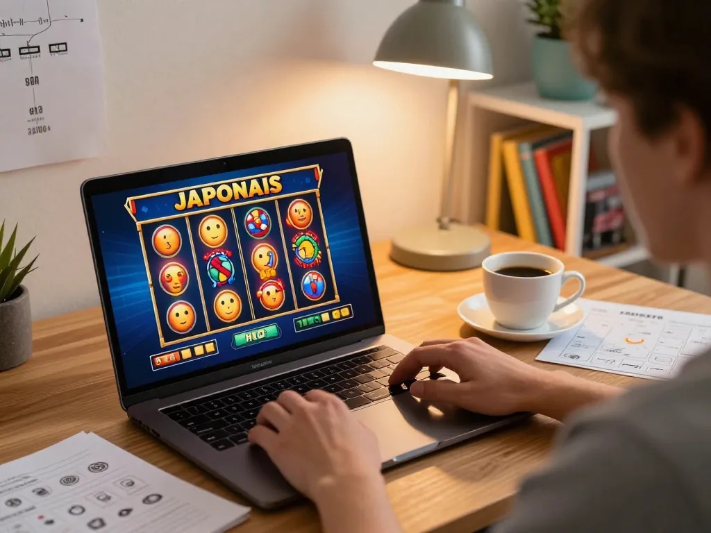 Engaging in japonais slot gameplay on a laptop with strategic notes nearby.