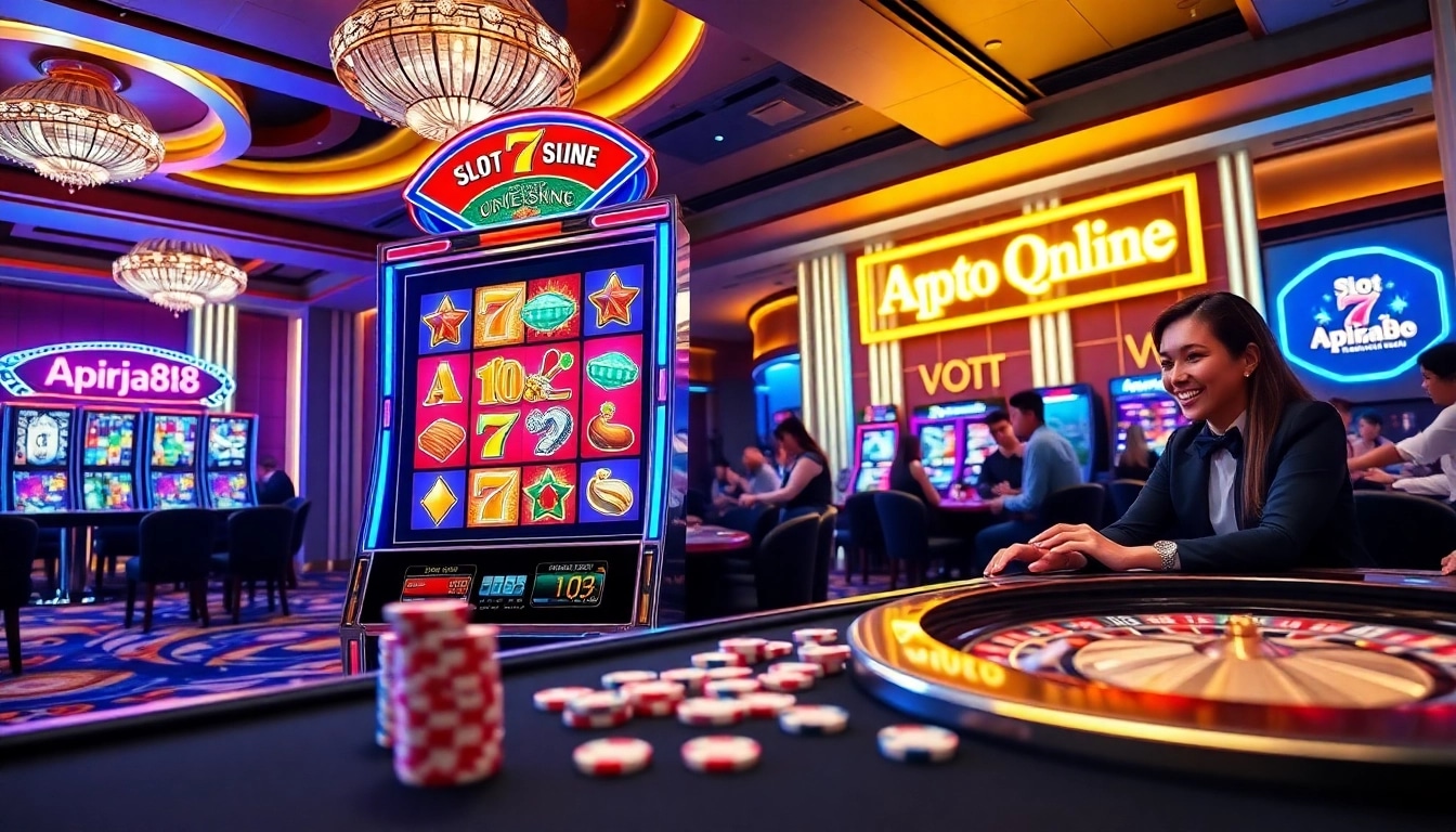 Engaged players enjoying thrilling gameplay on slot online apiraja88 at a luxurious casino.