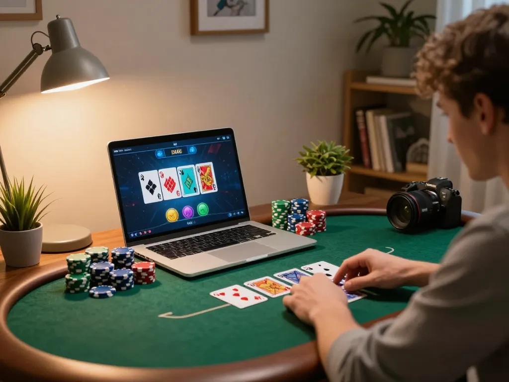 Engaging online poker gameplay with giường bệnh nhân visible on laptop, highlighting strategic moves.