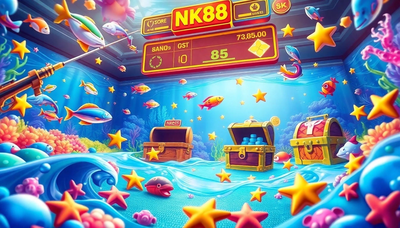 Bắn cá NK88 gameplay featuring vibrant fish and an exciting underwater scene.