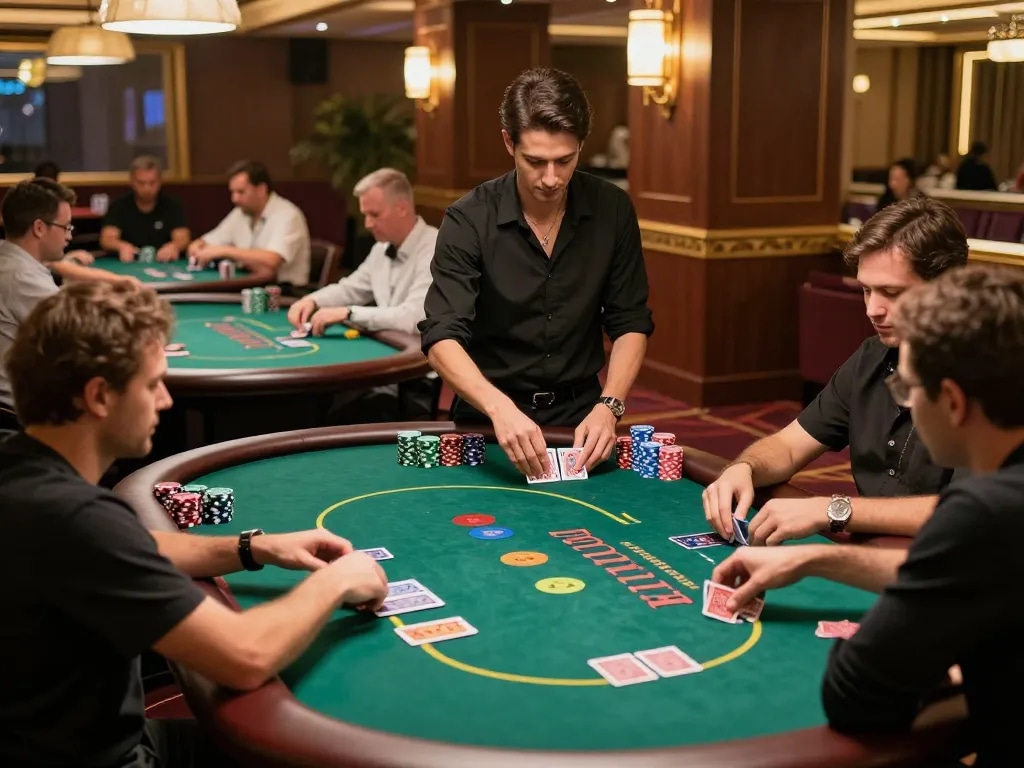 Players engaging in strategic poker gameplay at BK8's elegant casino.