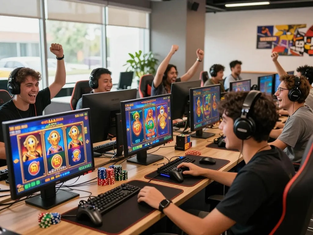 Engaged players enjoying slot gacor games in a vibrant gaming lounge