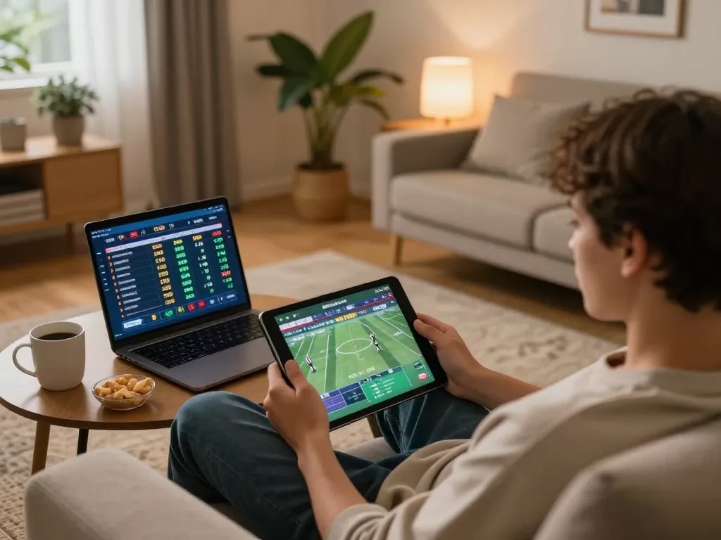 Person engaging in online sports betting on tablet, exploring odds and strategies on xoilac platform.